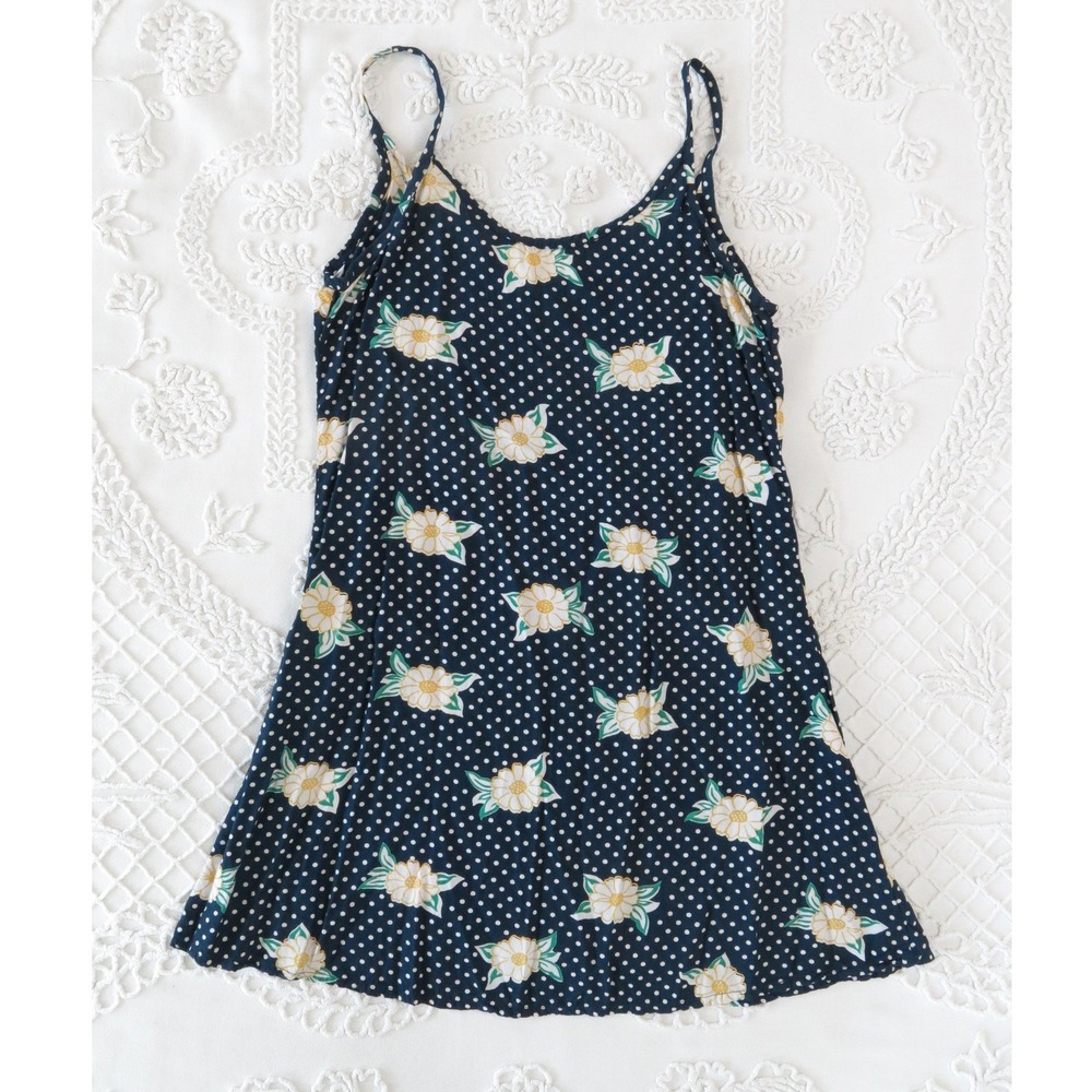 Geeta Navy Polka Dot Floral Rayon Mini Dress Sleeveless Small India Vintage 90s